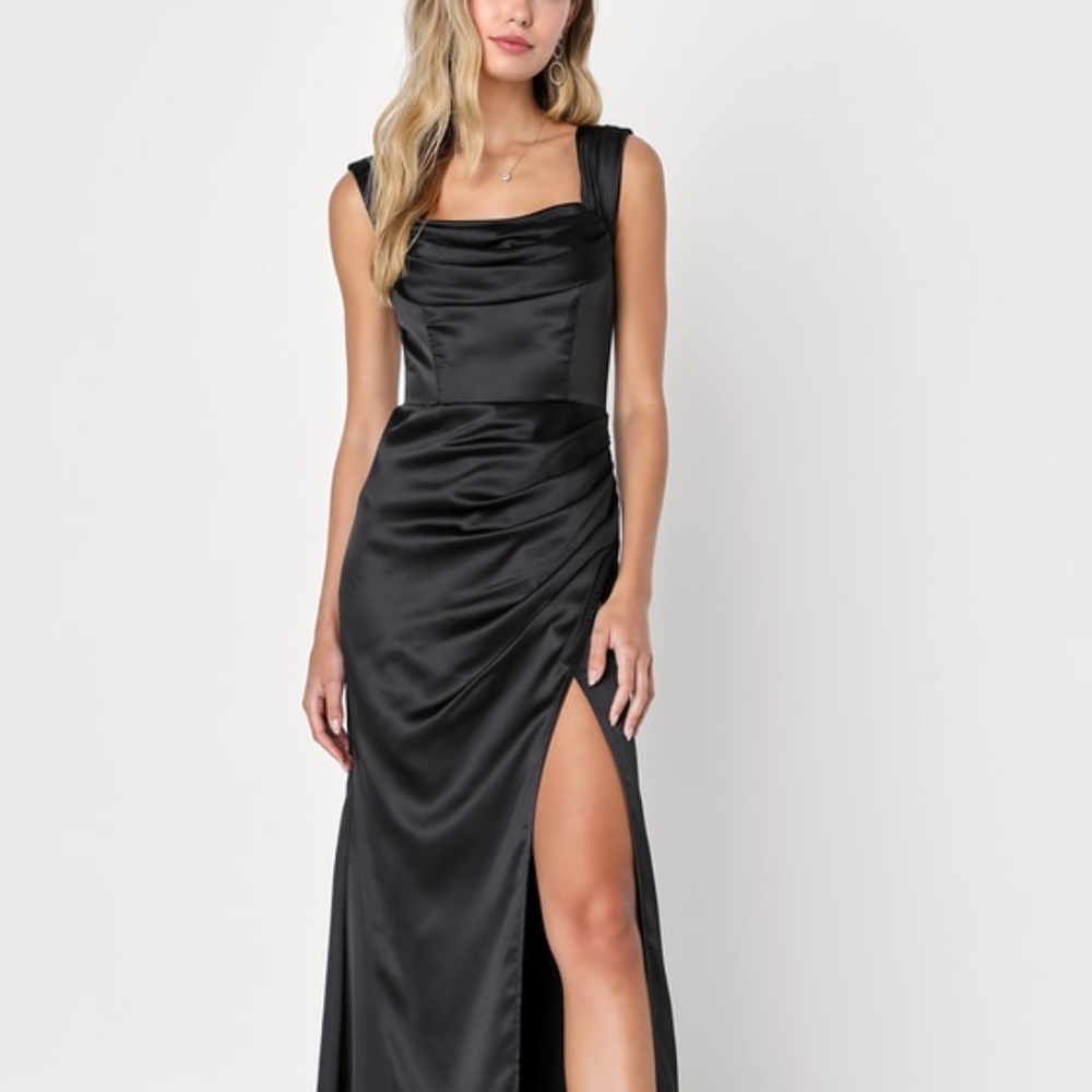 Lulus Stunning Arrival Black Satin Off-the-shoulder Maxi Dress - Size S